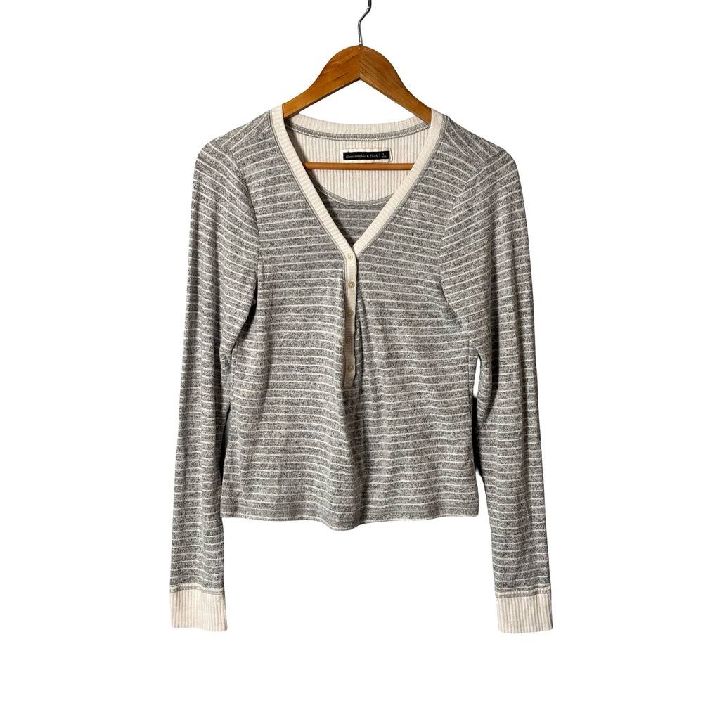 Abercrombie & Fitch Striped Henley Top Size Large Grey White Ribbed Knit